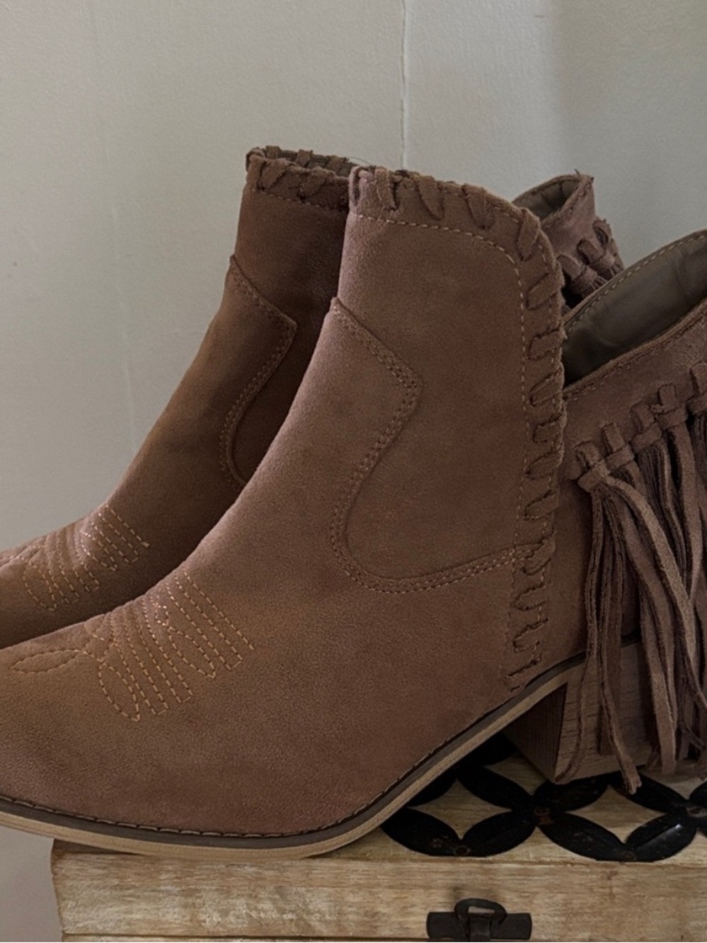 Taupe Suede Fringe Ankle Boots
